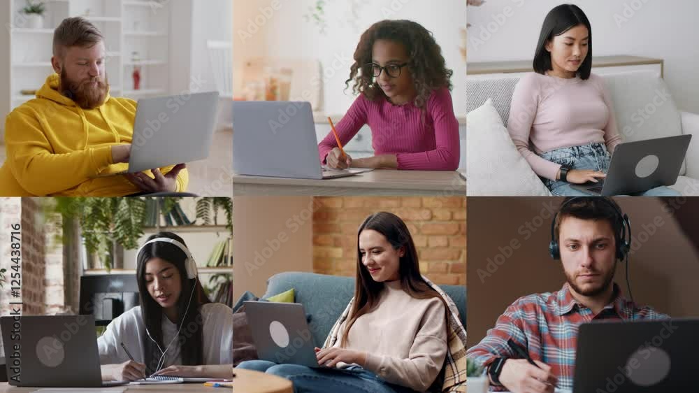 Poster a group of six people is focused on their laptops in different home environments, showcasing a varie