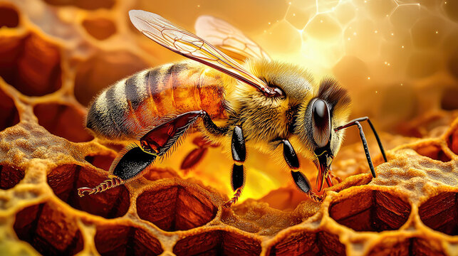 Close-up of a bee collecting nectar on honeycomb, vibrant colors, glowing background