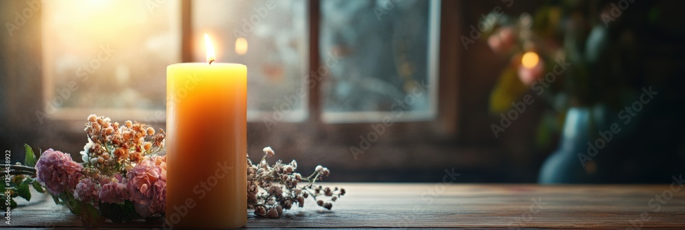 Poster elegant festive dining table with candles and fresh flowers for a special gathering in a warm atmosp