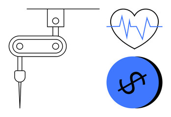 A medical device with a needle, a heart with an EKG line, and a dollar sign in a blue circle. Ideal for healthcare costs, medical advancements, technology, health monitoring, economic factors