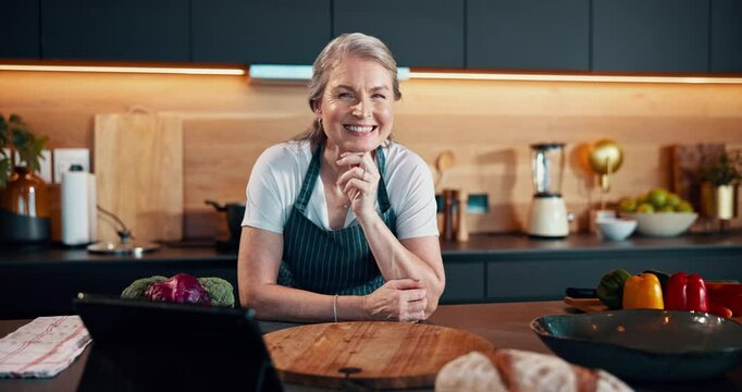 Face, senior woman or cooking on tablet for recipe method, dinner tutorial or online diet guide in home. Portrait, blog or happy person with smile for healthy ingredients, food or steps in meal prep