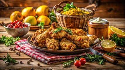 Traditional Southern fried chicken dinner on a rustic wooden table with warm golden lighting and vibrant colors, surrounded by fresh herbs and citrus fruits, southern cuisine, soul food