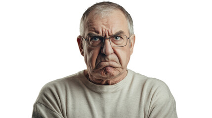 Obraz premium Grumpy senior man frowning and showing displeasure on transparent background