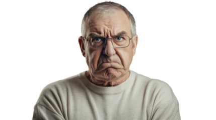 Grumpy senior man frowning and showing displeasure on transparent background