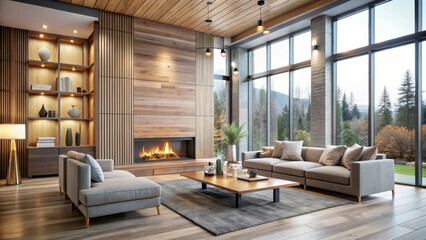 Fototapeta premium Cozy modern living room with floor-to-ceiling windows and a crackling fireplace on a wooden wall, modern decor, wood accent