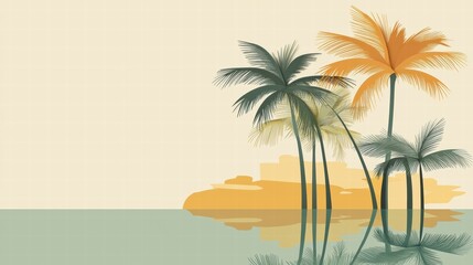 Stylized Tropical Landscape with Palm Trees and Calm Water Reflection in Warm Hues, Perfect for Evoking a Serene Escape to a Tropical Paradise Setting.
