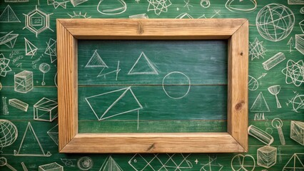 Fototapeta premium A wooden frame surrounds a green chalkboard with scribbled equations and geometric shapes, conveying a sense of intellectual exploration and creative thinking , geometry, frame