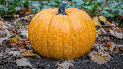 Fototapeta premium Close-up of a bright orange pumpkin with autumn leaves around it.