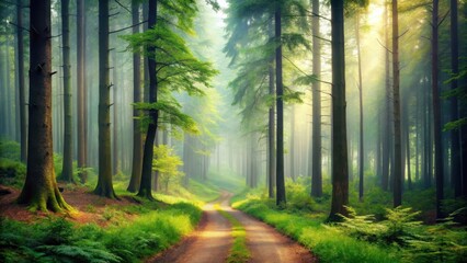Obraz premium A serene forest landscape with a misty morning atmosphere, featuring tall trees and a winding path leading into the distance