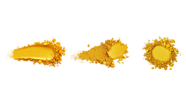 Example of golden yellow powder eyeshadow Spread into an open, curved mouth shape on a white background.
