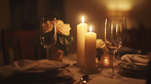Festive dining table adorned with elegant tableware, glowing candles, and fresh flowers for a magical evening gathering. Generative AI - Powered by Adobe