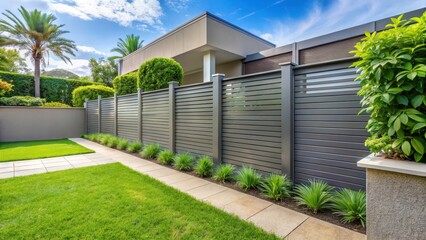 Modern grey aluminum fence surrounds a serene garden area of a contemporary house providing privacy and protection from the elements, grey metal fence, garden privacy