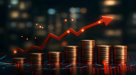 Financial Ascent, Depicting Steady Growth and Prosperity through Rising Coin Stacks and Upward Trend Line in a Futuristic Setting