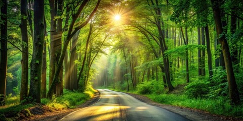 Obraz premium Winding forest road through dense green trees with sunlight filtering through the canopy above, woodland scenery, nature scenery
