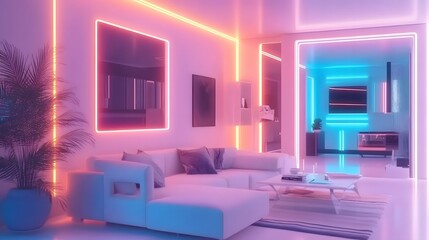 Futuristic home interior with smart lighting and AI control, featuring white modern furniture in pastel colors. A high-tech living room with neon lights, a stylish kitchen table with blue accents