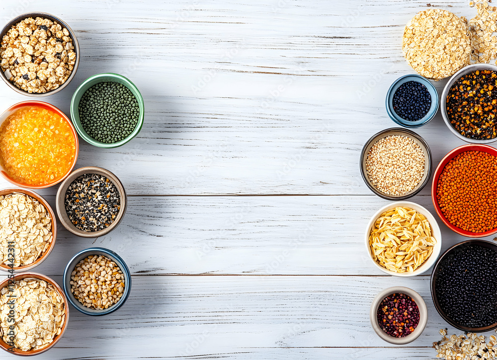 Wall mural Assorted grains, legumes, and seeds displayed in colorful bowls on rustic white wood, inviting healthy culinary creativity and nourishment