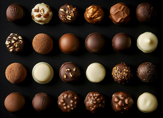 Exquisite Selection of Chocolate Truffles, A Gourmet Assortment on a Dark Background Showcasing Diverse Flavors and Textures for Decadent Indulgence