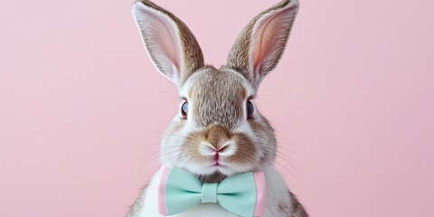 Obraz premium Pet Fashion Concepts. Cute rabbit wearing a bowtie against a pink background.