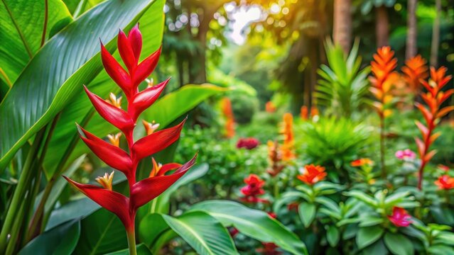 A small red orchid blooms on a lush tropical tree in a vibrant Southeast Asian garden surrounded by greenery and colorful flowers , heliconia, floral arrangement