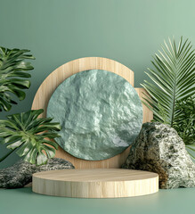 Nature-inspired product display, wood, stone and tropical leaves create a serene and earthy backdrop for showcasing items with organic textures