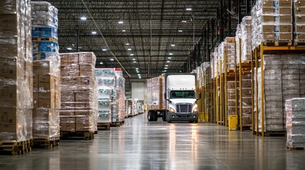 Trucks being loaded at a distribution warehouse
