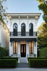 Fototapeta premium Elegant white Victorian-style house with intricate black details surrounded by lush greenery