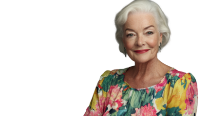 Smiling senior woman with transparent background, exuding confidence and positivity