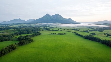 Misty Mountain Valley Landscape, Sunrise View, Green Fields