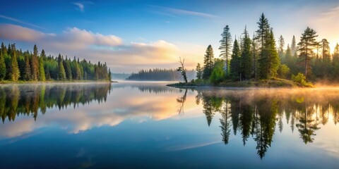 Obraz premium Serene forest landscape at dawn with misty lake reflections in Boundary Waters, forest, serene, forest,serene, calm, nature