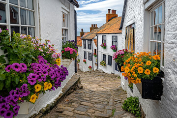 Fototapeta premium Charming narrow street with colorful flowers and sea view