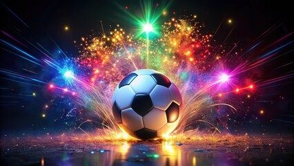Fototapeta premium Soccer ball surrounded by colorful sparks and glowing lights, set against a dark background, creating a vibrant atmosphere, sports equipment, light sparks