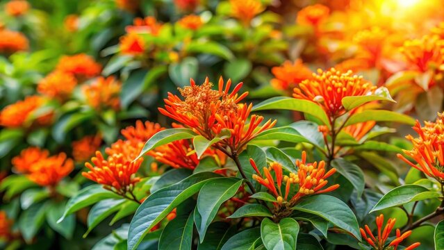 Vibrant firebush flowers bloom in a lush garden filled with greenery and colorful foliage