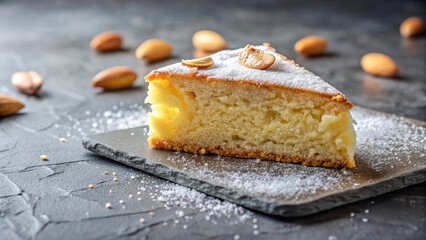 Moist almond cake slice on a grey stone plate with a subtle sheen