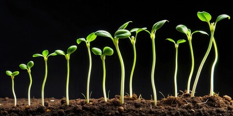 A close-up timelapse of a bean sprout growing on a black background, showing its gradual increase in size and green color intensity over time , timelapse, organic