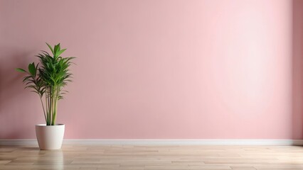 Soft focus minimalist pink wall with a single isolated home plant in a modern space, serene space, calm atmosphere