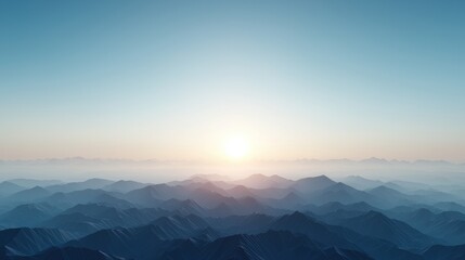 Fototapeta premium A serene view of mountains under a soft sunrise, with a gradient sky transitioning from blue to light, creating a tranquil atmosphere.