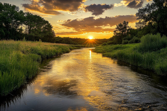Golden sunset reflecting on a serene river with lush greenery