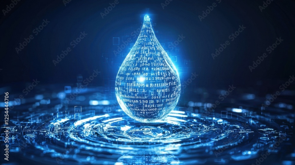 Poster a high-tech digital water droplet with binary code overlays, illustrating data-driven environmental 
