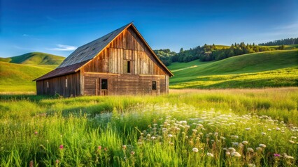 Obraz premium A rustic barn standing in a lush green meadow with tall grass and wildflowers