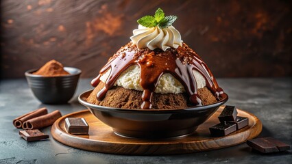 Chocolate bingsu dessert on a plate, topped with rich chocolate sauce and shaved dark chocolate, bingsu