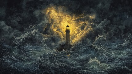 A moody watercolor lighthouse, its golden light cutting through an intense storm, surrounded by towering ocean waves and dark clouds.