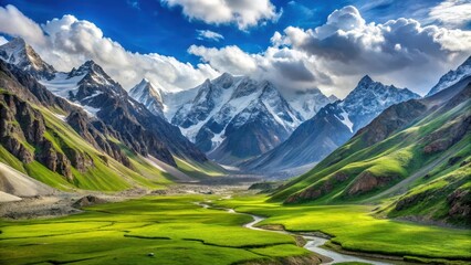 Obraz premium A serene landscape of Thalay La pass with snow-capped mountains and lush green meadows, surrounded by towering peaks and glaciers , glacier, Gilgit-Baltistan