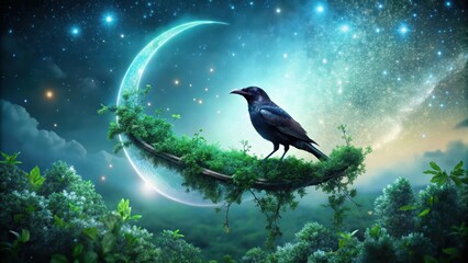 Fototapeta premium A solitary crow perches on a lunar crescent, its feathers glistening with dew, set against a backdrop of lush green foliage and twinkling stars in the evening , fantasy, landscape