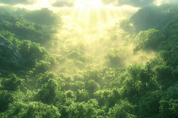 Fototapeta premium Misty Forest Sunlight Canopy View