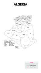 Algeria Map. State and district map of Algeria. Administrative map of Algeria with states and boundaries in white color.