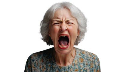 Angry senior woman shouting with transparent background