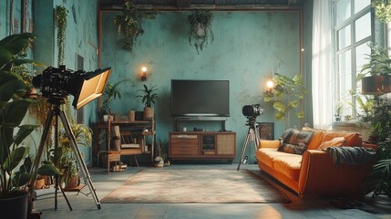 Studio apartment filming, lush plants, sunlight, vintage furniture, video production