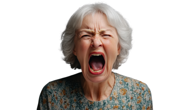 Angry senior woman shouting with transparent background