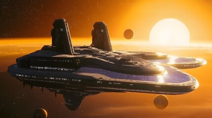  A futuristic space station floating above an alien planet, equipped with advanced solar panels and high-tech structures, illuminated by the golden glow of a setting yellow sun