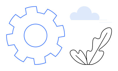 Gear outline, leafy plant sketch, and cloud icon. Ideal for technology, innovation, productivity, sustainability, growth nature and environment themes. Blue and black lines create a cohesive